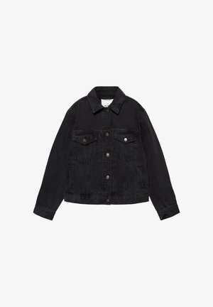 Jachetă din denim neagră cu închidere cu nasturi, două buzunare cu clapetă și nasturi pe piept și buzunare laterale cu fente, având mâneci lungi și guler clasic.