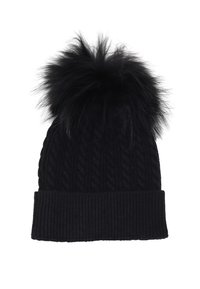 Berretto nero a maglia con motivo a trecce testurizzato, risvolto a coste e pompon in pelliccia sintetica nera soffice sulla parte superiore.