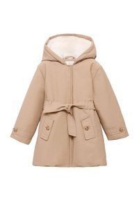 Manteau d'hiver beige à capuche avec doublure en polaire blanche, ceinture avant nouée en nœud, poches à rabat boutonnées et poignets boutonnés.