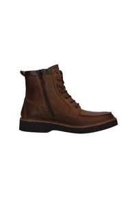 Stivali ankle in pelle marrone con chiusura a lacci e cerniera laterale, superficie testurizzata, punta rinforzata e suola in gomma nera.