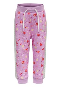 Lila Blumen-Sweatpants mit roten und gelben Mustern, elastischem Bund, Kordelzugdetails und grauen Seitestreifen. Weiches Material.