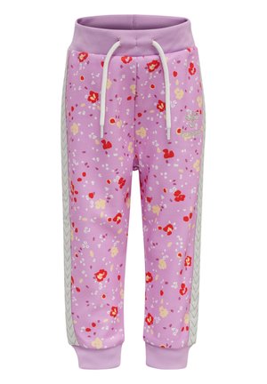 Lilla blomster sweatpants med røde og gule mønstre, elastisk talje, snøre detaljer og grå side striber. Blødt materiale.