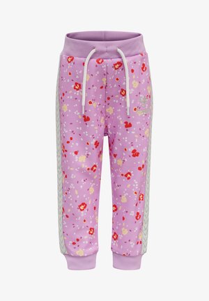 Lila blommiga sweatpants med röda och gula mönster, elastisk midja, snördetalj och grå sidosträck. Mjuk material.