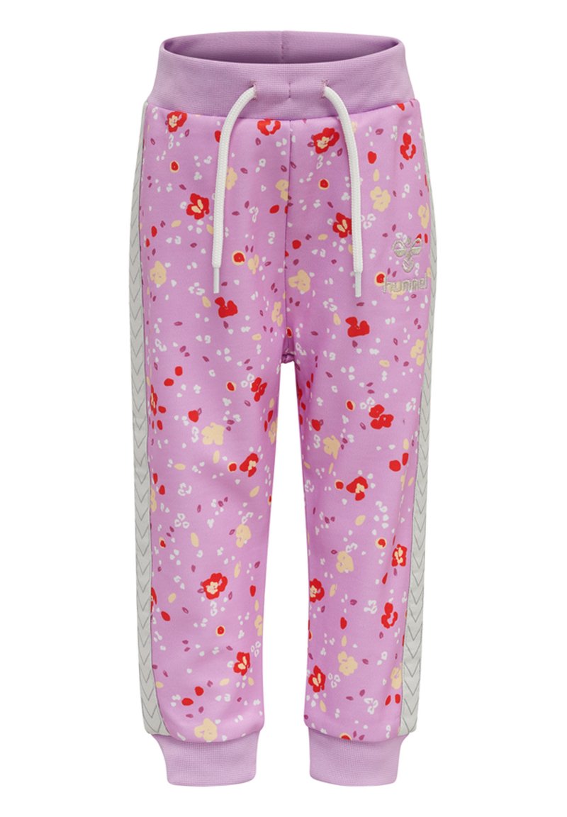 Purple floral sweatpants with red and yellow patterns, elastic waistband, drawstring detail, and gray side stripes. Soft material.