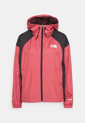 Rot-schwarze Kapuzen-Windjacke mit Frontreißverschluss und "The North Face" Logo auf der Brust sowie "Hydrenal" Schriftzug am Ärmel.