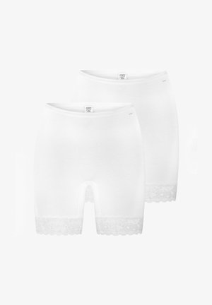 To hvide dameundertøj med blondekant; den ene er i længere shorts-stil, den anden er i halvlange underkjole-stil, begge med Mey-mærkater.