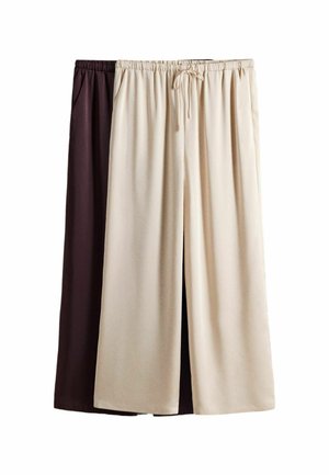 Zwei Paar Hosen mit weitem Bein, jeweils mit elastischem Bund und Kordelzug, eine beige vorne und eine dunkelbraun dahinter, auf weißem Hintergrund dargestellt.