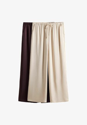 Kaks paari laia säärega pükse, millel on elastsed vöökohad ja nöörid, üks beež esiplaanil ja üks tumepruun tagaplaanil, valgel taustal väljapanekus.