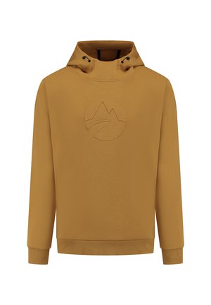 Geel-bruin hoodie met een hoge kraag, trekkoorden en een reliëf mountain-logo op de voorkant. Lange mouwen met ribbelmanchetten.