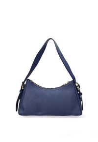 Blauwe leren handtas met een gestructureerd oppervlak, gebogen vorm en een enkele verstelbare schouderriem. Voorzien van een ritssluiting aan de bovenkant en gouden accenten.