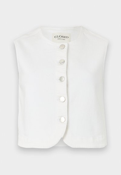 Λευκό αμάνικο γιλέκο από βαμβάκι, με στρογγυλή λαιμόκοψη και πέντε ασημένια κουμπιά στο εμπρός μέρος. Λείο υφή με καμπυλωτό τελείωμα.