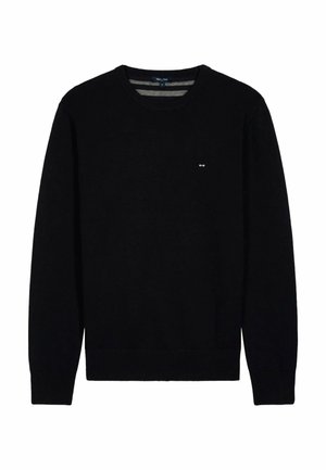 Pull en tricot noir avec un col rond. Présente des poignets et un ourlet côtelés, ainsi qu'un petit logo sur la poitrine. Texture lisse, silhouette ajustée.
