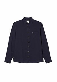 Námornícky modrá košeľa s dlhým rukávom z ľahkého materiálu. Má zapínanie na gombíky, golier a jedno vrecko na prsiach s malým logom.