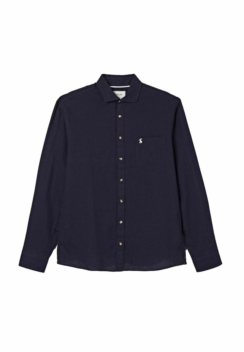 Námornícky modrá košeľa s dlhým rukávom z ľahkého materiálu. Má zapínanie na gombíky, golier a jedno vrecko na prsiach s malým logom.