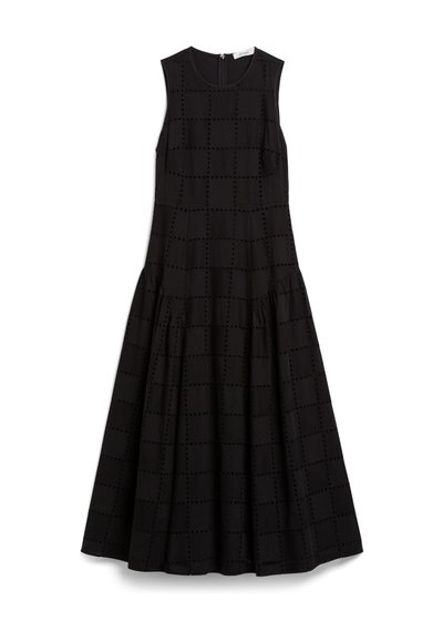 Ärmelloses schwarzes Kleid mit strukturiertem Gittermuster, ausgestelltem Saum und Reißverschluss hinten. Hergestellt aus leichtem, atmungsaktivem Stoff.