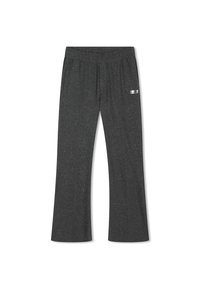 Donkergrijze, gevlekte trainingsbroek met een elastische tailleband en een logo-opdruk aan de zijkant. Heeft een relaxte pasvorm en een recht model.