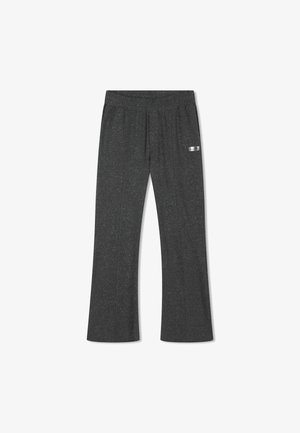 Dark gray, flecked sweatpants with an elastic waistband and a side logo patch. Features a relaxed fit and straight leg design.