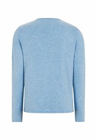 Långärmad blå tröja i mjukt tyg med rund halsringning och ribbade ärmslut. Enkel design, utan synliga mönster eller detaljer.
