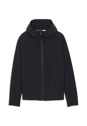 Ľahká, námornícky modrá bunda s kapucňou, so zipsom vpredu, elastickými manžetami a bočnými vreckami na zips. Hladká látka so švovými detailmi.