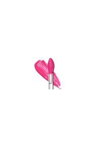 Bright pink lip gloss on a clear applicator, with a textured tip. A wide brush stroke of the same pink color is visible behind it.