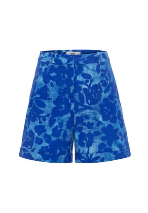 Blauwe bloemen shorts met een textuurdesign, voorzien van een opgerolde zoom en een gestructureerde tailleband. Versierd met verschillende tinten blauw.