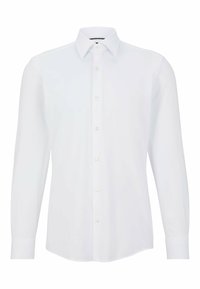 Camisa blanca de manga larga con cuello, que presenta un frontal abotonado y un dobladillo redondeado. Fabricada en un tejido suave y ligero.