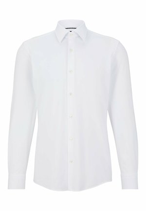 Witte lange mouw shirt met een kraag, voorzien van een knoopsluiting aan de voorkant en een afgeronde zoom. Gemaakt van gladde, lichte stof.