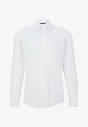 Witte lange mouw shirt met een kraag, voorzien van een knoopsluiting aan de voorkant en een afgeronde zoom. Gemaakt van gladde, lichte stof.