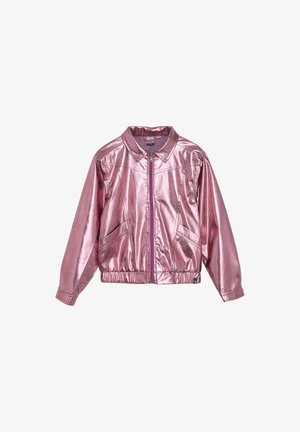 Metalen roze jack met een ritsluiting, kraag, twee voorkepers en een elastische onderrand en manchetten, gemaakt van glad, glanzend materiaal.