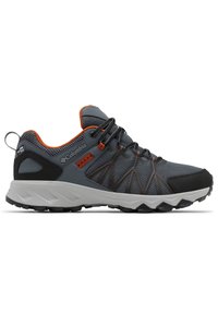 Męskie buty outdoor w szarym siateczkowym materiale z czarnymi i pomarańczowymi akcentami. Lekka konstrukcja z fakturowaną powierzchnią oraz wytrzymałą gumową podeszwą.