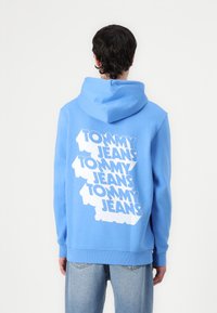 Lichtblauwe hoodie van katoen, met een opvallend wit grafisch logo op de achterkant. Het ontwerp heeft een zachte textuur en een verstelbare capuchon.