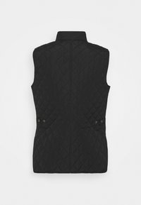 Black quilted vest with a stand collar, featuring diamond stitching and button accents on the sides. No sleeves; back view.