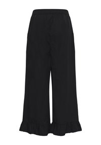 Pantalon noir à jambes larges avec taille élastique et ourlets volantés, présenté sur fond blanc.