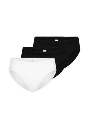 Drei Herren-Slips in einer Reihe, ein weißes Paar vorne, zwei schwarze Paare dahinter, alle mit elastischen Bundbändern.