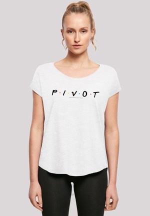 White cotton t-shirt with a rounded neckline and short sleeves, featuring "P I V O T" in black letters with colored dots.
