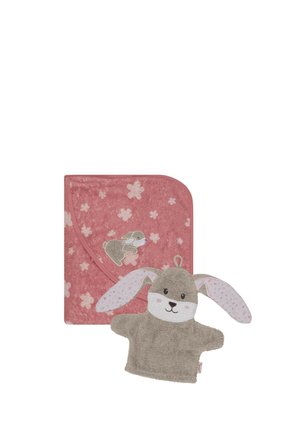Pink baby hooded towel with flower patterns and an embroidered bunny, paired with a gray bunny-shaped wash mitt with floppy ears.