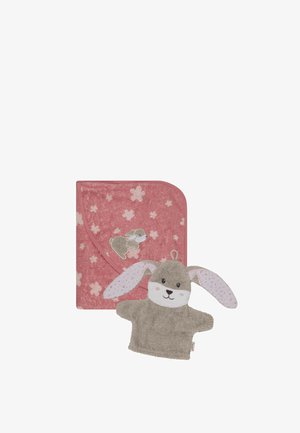 Pink baby hooded towel with flower patterns and an embroidered bunny, paired with a gray bunny-shaped wash mitt with floppy ears.