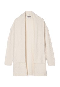 Lange, open voorkant cardigan in zachte crèmekleurige brei, met laatgevallen schouders, een gestructureerde afwerking en zonder sluitingen. Eenvoudig, comfortabel ontwerp.