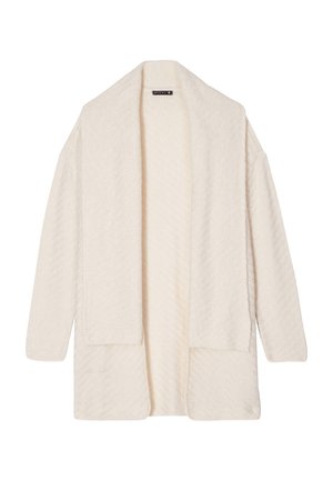 Lange, open voorkant cardigan in zachte crèmekleurige brei, met laatgevallen schouders, een gestructureerde afwerking en zonder sluitingen. Eenvoudig, comfortabel ontwerp.