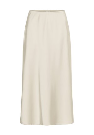 A cream-colored midi skirt made of smooth fabric, featuring an elastic waistband and a flowing silhouette. No visible patterns or accents.