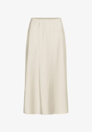 Kremasta midi krilo iz gladkega materiala, ki ima elastičen pas in tekočo silhueto. Brez vidnih vzorcev ali okrasnih elementov.