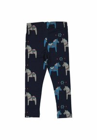 Marina leggings med ett upprepat mönster av stiliserade hästar i grått och blått, dekorerade med röda hjärtan och blommönster. Mjuk bomullstyg.