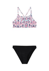Bikini a due pezzi con un top a fantasia floreale in rosa e blu con spalline incrociate e slip neri solidi con una finitura testurizzata.