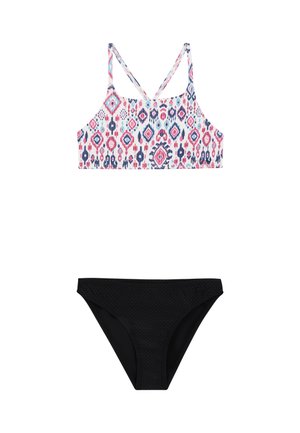 Bikini a due pezzi con un top a fantasia floreale in rosa e blu con spalline incrociate e slip neri solidi con una finitura testurizzata.