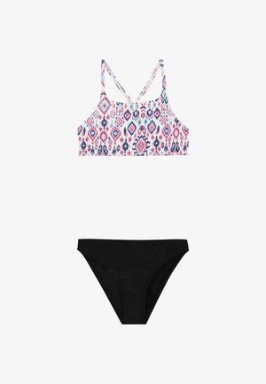 Twee-delig bikini met een top in een bloemenprint in roze en blauw, met kruisbandjes aan de achterkant en effen zwarte onderkant met een gestructureerde afwerking.