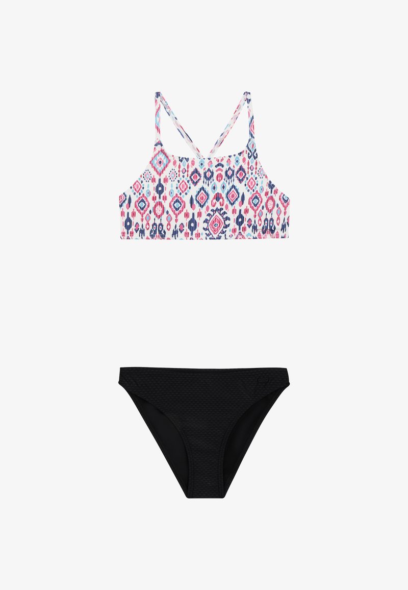Two-piece bikini featuring a floral-patterned top in pink and blue with cross-back straps and solid black bottoms with a textured finish.