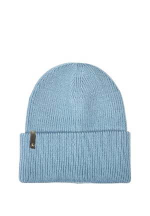 Blue knitted beanie hat with a textured ribbed pattern, featuring a folded cuff and a small metal logo tag on the side.