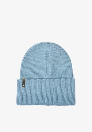 Blue knitted beanie hat with a textured ribbed pattern, featuring a folded cuff and a small metal logo tag on the side.