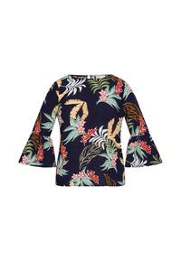 Top floreale con base blu navy, caratterizzato da maniche a campana e scollo rotondo, decorato con foglie e fiori tropicali colorati.
