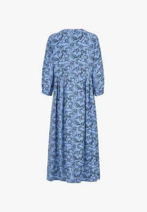 Blå midikjole med sort blomsterprint, trekvartlange ærmer og indsnævret talje, vist bagfra mod en hvid baggrund.